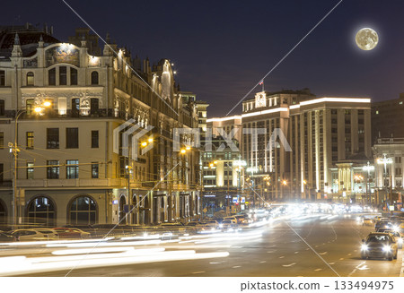 Building of The State Duma of the Federal Assembly of Russian Federation (at night with the super moon). Moscow, Russia 133494975