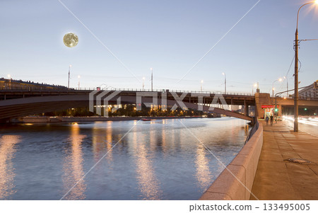 Moskva River (at night with the super moon). Moscow, Russia 133495005