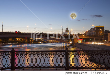 Moskva River (at night with the super moon). Moscow, Russia 133495007