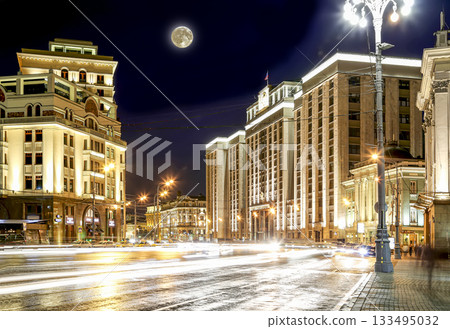 Building of The State Duma of the Federal Assembly of Russian Federation (at night with the super moon). Moscow, Russia. Building of The State Duma of the Federal Assembly of Russian Federation (at night with the super moon). Moscow, Russia. 133495032