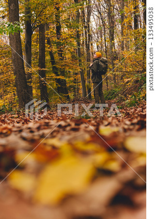 Person Hiking in Forest during Autumn Season 133495038