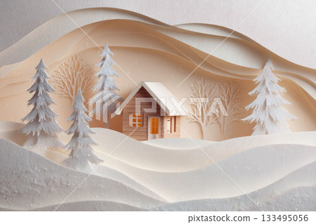 Cozy paper cut illustration of a small cabin nestled among snowy pine trees in a layered winter landscape Cozy paper cut illustration of a small cabin nestled among snowy pine trees in a layered winter landscape 133495056