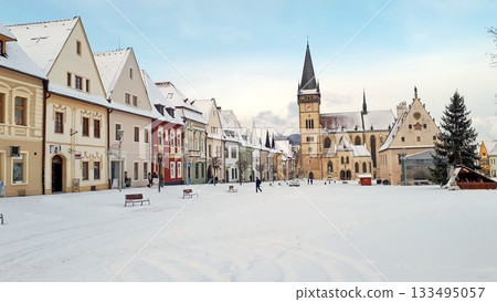 Historic medieval square covered in snow Historic medieval square covered in snow 133495057
