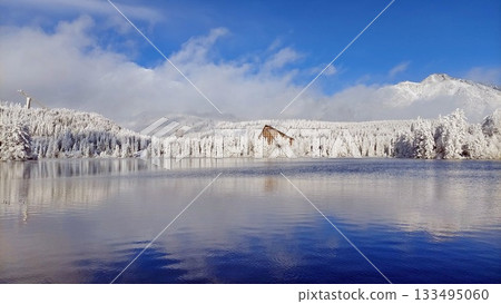 Snow-covered white trees and blue sky reflecting in the water Snow-covered white trees and blue sky reflecting in the water 133495060