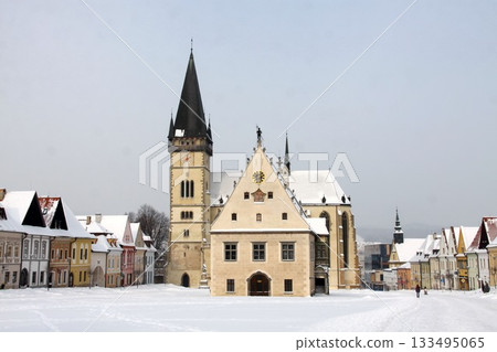 Historic medieval square covered in snow 133495065