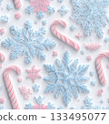 Seamless pastel pattern of delicate blue and pink snowflakes and candy canes on a bright white background 133495077
