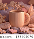 Cozy, pink Christmas scene with a steaming mug, gingerbread men, and stacks of knitted pink sweaters 133495079