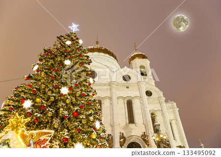 Christmas (New Year holidays) decoration in Moscow (at night with the super moon), Russia--near the Christ the Savior Cathedral 133495092
