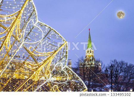 Christmas (New Year holidays) decoration in Moscow (at night with the super moon), Russia-- Manege Square near the Kremlin Christmas (New Year holidays) decoration in Moscow (at night with the super moon), Russia-- Manege Square near the Kremlin 133495102