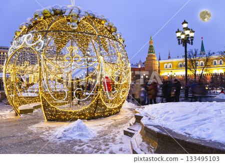 Christmas (New Year holidays) decoration in Moscow (at night with the super moon), Russia-- Manege Square near the Kremlin 133495103