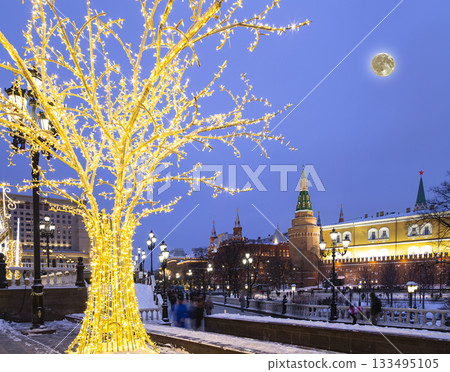 Christmas (New Year holidays) decoration in Moscow (at night with the super moon), Russia-- Manege Square near the Kremlin 133495105