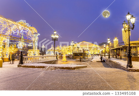 Manege Square (at night with the super moon). Central Exhibition Hall station (It is written in Russian), Moscow, Russia Manege Square (at night with the super moon). Central Exhibition Hall station (It is written in Russian), Moscow, Russia 133495108