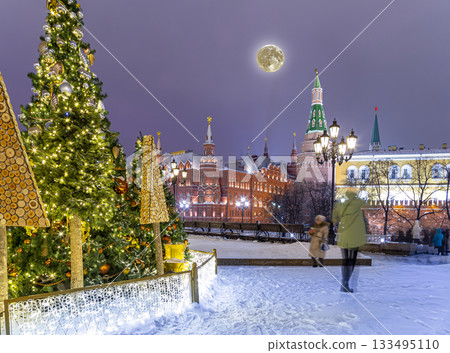 Christmas (New Year holidays) decoration in Moscow (at night with the super moon), Russia-- Manege Square near the Kremlin 133495110