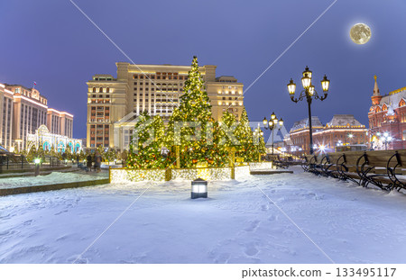 Christmas (New Year holidays) decoration in Moscow (at night with the super moon), Russia-- Manege Square near the Kremlin 133495117