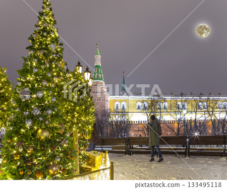 Christmas (New Year holidays) decoration in Moscow (at night with the super moon), Russia-- Manege Square near the Kremlin Christmas (New Year holidays) decoration in Moscow (at night with the super moon), Russia-- Manege Square near the Kremlin 133495118