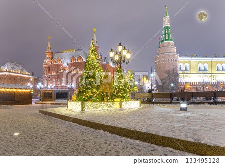 Christmas (New Year holidays) decoration in Moscow (at night with the super moon), Russia-- Manege Square near the Kremlin Christmas (New Year holidays) decoration in Moscow (at night with the super moon), Russia-- Manege Square near the Kremlin 133495128