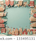 Layered paper cut Christmas frame with gingerbread houses, snow, and festive elements on a pale background 133495131