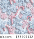 Seamless pastel pattern of delicate blue and pink snowflakes and candy canes on a bright white background 133495132
