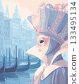 Elegant pastel illustration of a woman in a Venetian Carnival mask and feathered hat, with a view of the canal and gondolas 133495134