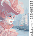 Elegant pastel illustration of a woman in a Venetian Carnival mask and feathered hat, with a view of the canal and gondolas 133495135