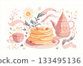 Cozy pastel illustartion of tall pancakes with honey and berries, sun, flowers, and traditional Slavic tableware 133495136