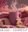 Cozy, pink Christmas scene with a steaming mug, gingerbread men, and stacks of knitted pink sweaters 133495137