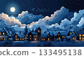 Beautiful illustration of a snowy Christmas village at night with Santa's sleigh silhouette against dramatic clouds 133495138