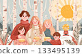 Charming pastel of a happy family celebrating Maslenitsa with pancakes in a snowy forest 133495139