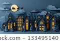 Paper cut diorama of a Christmas night village with glowing windows, clouds, moon, and Santa's sleigh silhouette 133495140