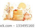 Cozy pastel illustartion of tall pancakes with honey and berries, sun, flowers, and traditional Slavic tableware. 133495160