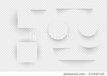Shadows of round, square, oval, line objects. Gray different shades on floor or wall surface. Various templates with shadow effect. Vector set isolated on transparent 133495183
