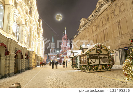 Christmas (New Year holidays) illumination on Nikolskaya Street near the Moscow Kremlin at night with the super moon, Russia 133495236