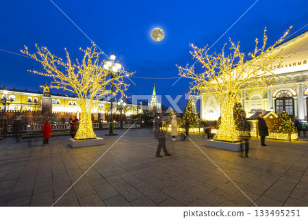 Manege Square (at night with the super moon). Central Exhibition Hall station (It is written in Russian), Moscow, Russia Manege Square (at night with the super moon). Central Exhibition Hall station (It is written in Russian), Moscow, Russia 133495251