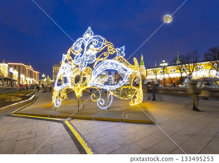 Christmas (New Year holidays) decoration in Moscow (at night with the super moon), Russia-- Manege Square near the Kremlin 133495253