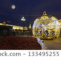Christmas (New Year holidays) decoration in Moscow (at night with the super moon), Russia-- Manege Square near the Kremlin 133495255