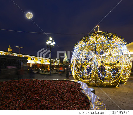 Christmas (New Year holidays) decoration in Moscow (at night with the super moon), Russia-- Manege Square near the Kremlin 133495255