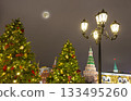 Christmas (New Year holidays) decoration in Moscow (at night with the super moon), Russia-- Manege Square near the Kremlin 133495260