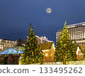 Christmas (New Year holidays) decoration in Moscow (at night with the super moon), Russia-- Manege Square near the Kremlin 133495262
