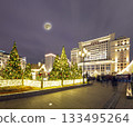 Christmas (New Year holidays) decoration in Moscow (at night) with the super moon, Russia-- Manege Square near the Kremlin 133495264