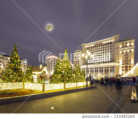 Christmas (New Year holidays) decoration in Moscow (at night) with the super moon, Russia-- Manege Square near the Kremlin 133495264