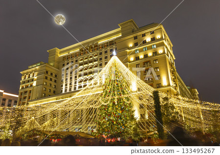 Christmas (New Year holidays) decoration in Moscow (at night, with the super moon), Russia-- Manege Square near the Kremlin Christmas (New Year holidays) decoration in Moscow (at night, with the super moon), Russia-- Manege Square near the Kremlin 133495267