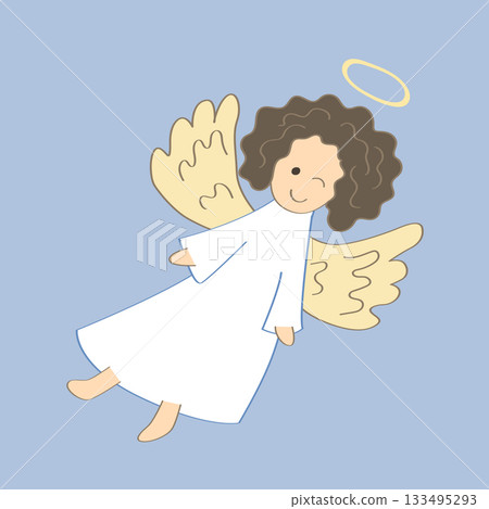 Cartoon angel. Vector illustration of flying baby curly hair angel for Christmas holyday decoration. 133495293