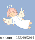 Cartoon angel. Vector illustration of flying baby pink hair angel for Christmas holyday decoration. 133495294
