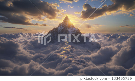 Golden-hued snowy mountain summit aglow at sunset 133495739