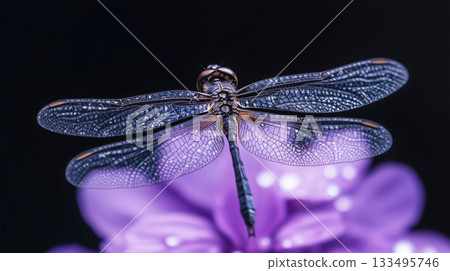 Intricate dragonfly perched delicately on vivid purple flower petals 133495746