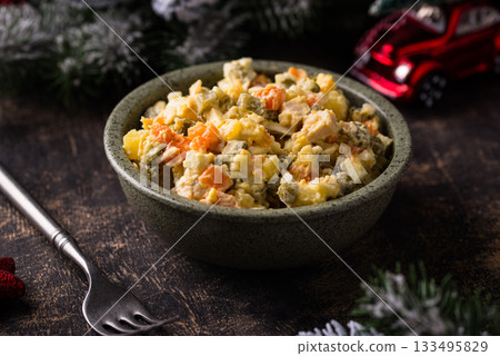 Traditional New Year russian salad Olivier 133495829