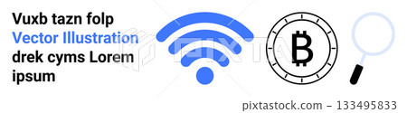 wireless signal, Bitcoin symbol, and magnifying glass. Ideal for technology, finance, cryptocurrency, internet, communication search research Landing page 133495833
