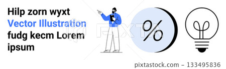 Person presenting with a percentage symbol and a lightbulb, text on the left. Ideal for business presentations, education, marketing, finance, creativity, innovation, brainstorming. Landing page Person presenting with a percentage symbol and a lightbulb, text on the left. Ideal for business presentations, education, marketing, finance, creativity, innovation, brainstorming. Landing page 133495836