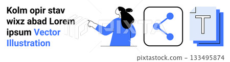 Person pointing at text block, share icon, and text document icon. Ideal for presentations, infographics, educational content, marketing, tutorials, web design, digital media. Banner for landing page Person pointing at text block, share icon, and text document icon. Ideal for presentations, infographics, educational content, marketing, tutorials, web design, digital media. Banner for landing page 133495874