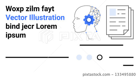 Human profile with gear, digital connections representing cognitive technology, documents, minimalistic design. Ideal for AI, technology, innovation, machine learning, robotics, data analysis 133495880